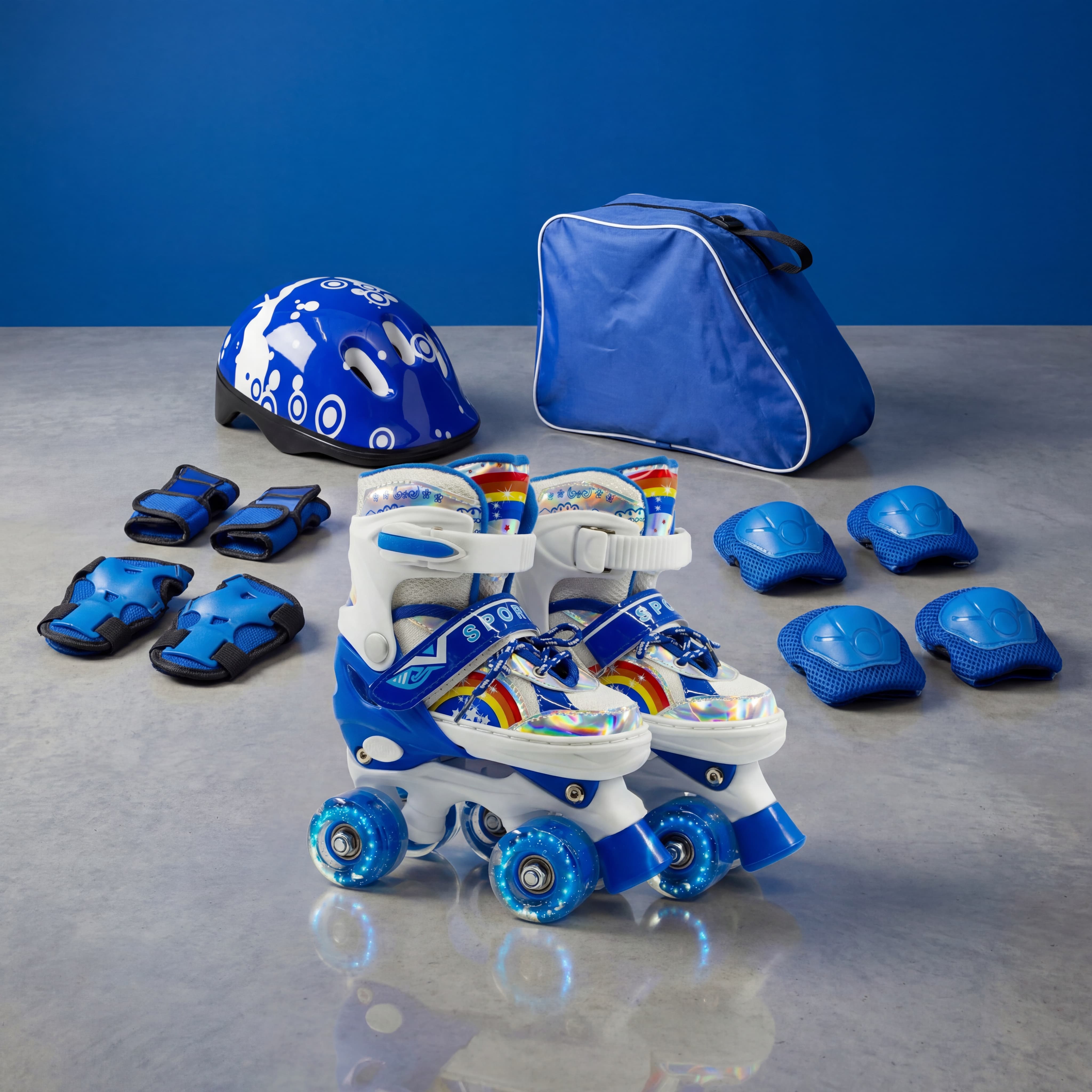 Combo Patines infantiles ajustable con luz y diseño de arcoíris, para niños y niñas