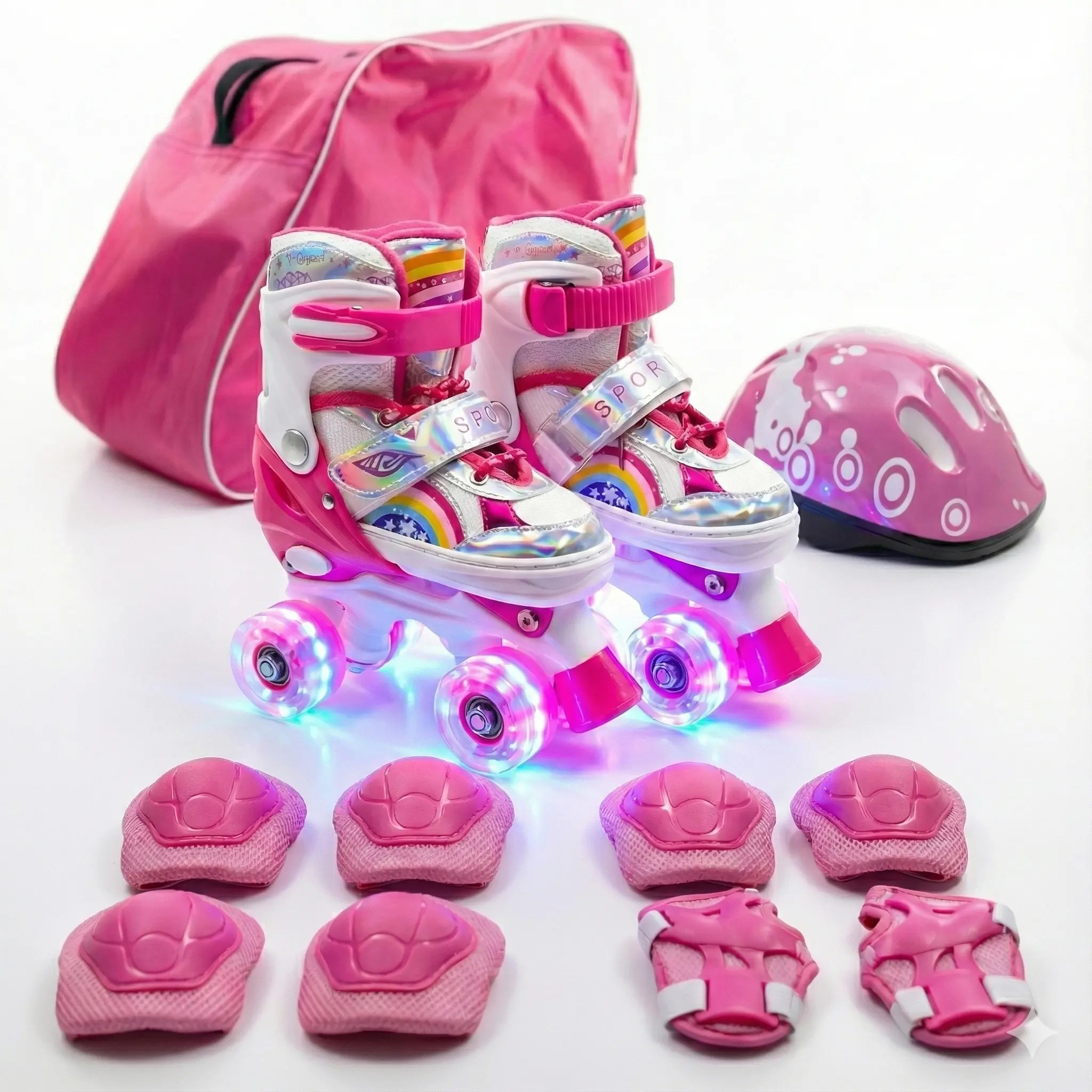 Combo Patines infantiles ajustable con luz y diseño de arcoíris, para niños y niñas