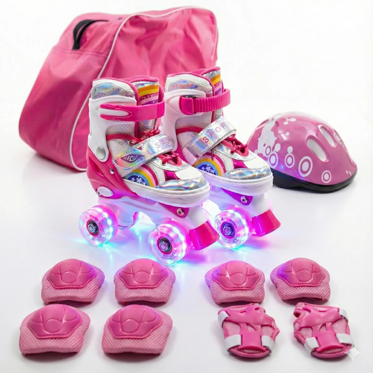 Combo Patines infantiles ajustable con luz y diseño de arcoíris, para niños y niñas
