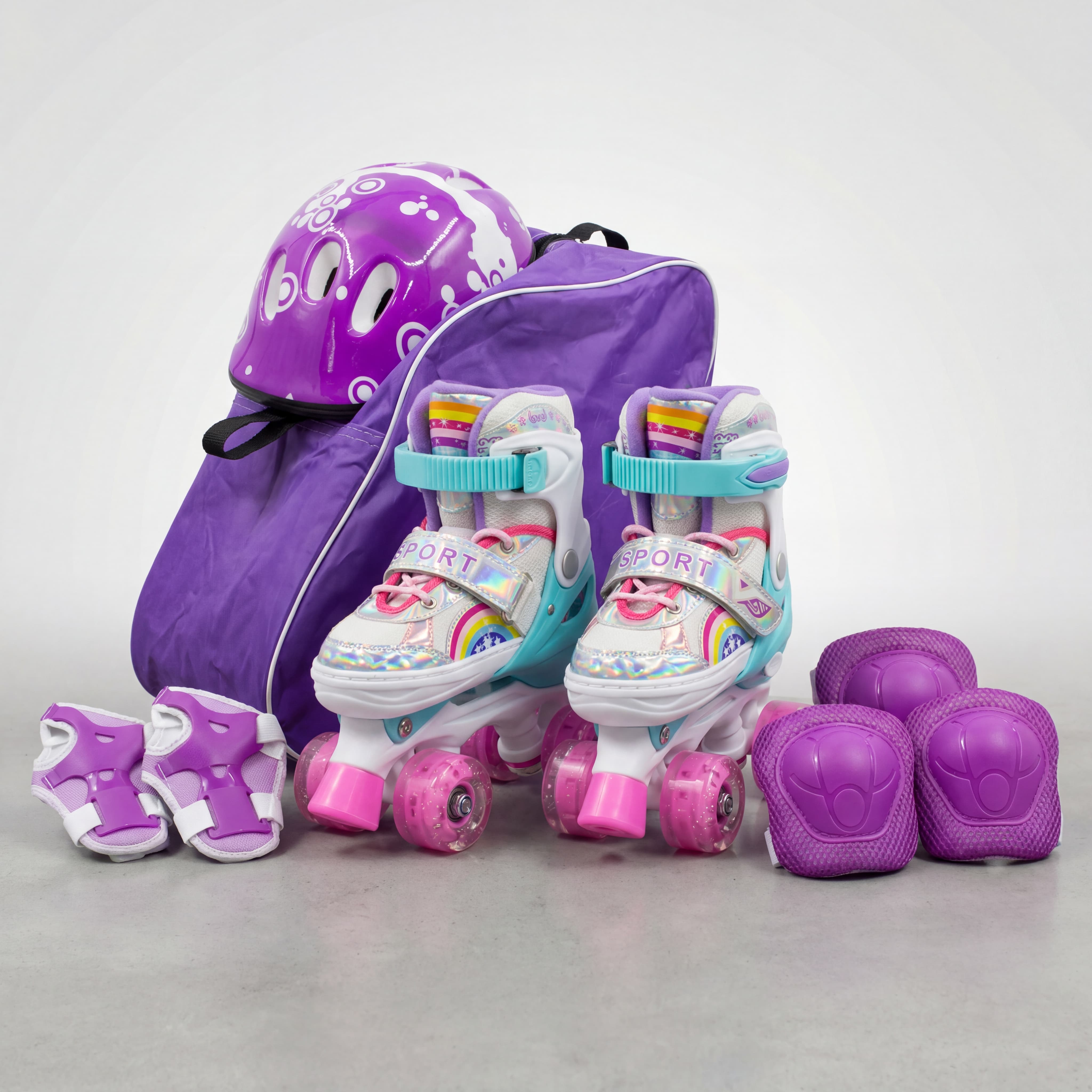 Combo Patines infantiles ajustable con luz y diseño de arcoíris, para niños y niñas