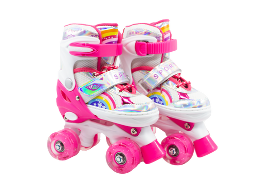 Combo Patines infantiles ajustable con luz y diseño de arcoíris, para niños y niñas