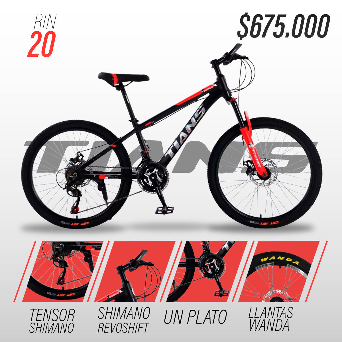 Bicicleta Tians para niños 6-9 años en Aluminio con Rin 20" + Shimano Revoshift 7V + Frenos de disco