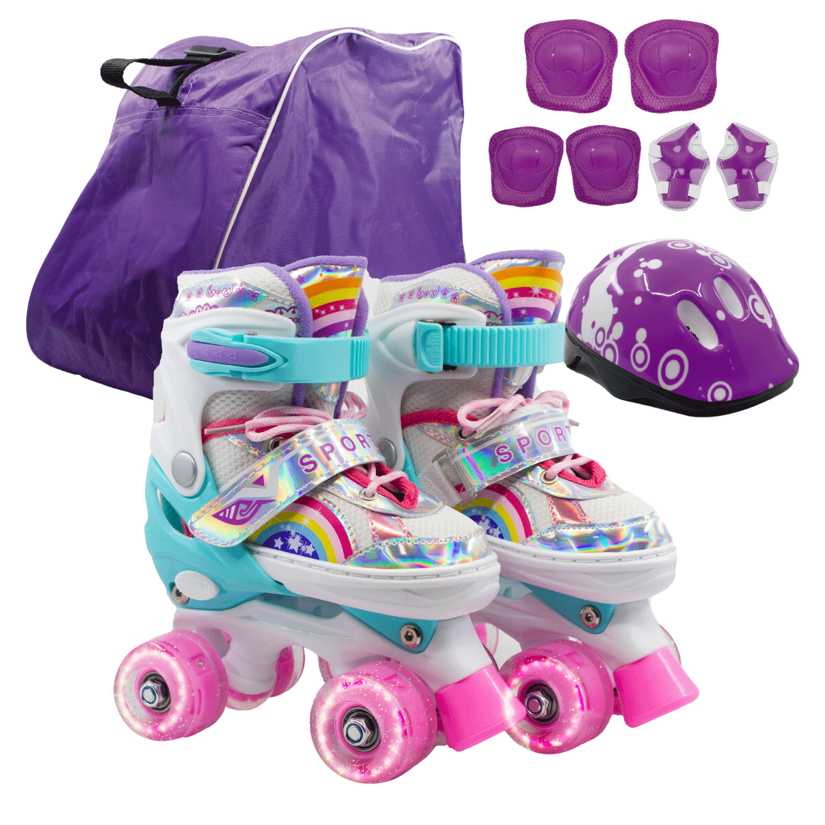 Combo Patines infantiles ajustable con luz y diseño de arcoíris, para niños y niñas