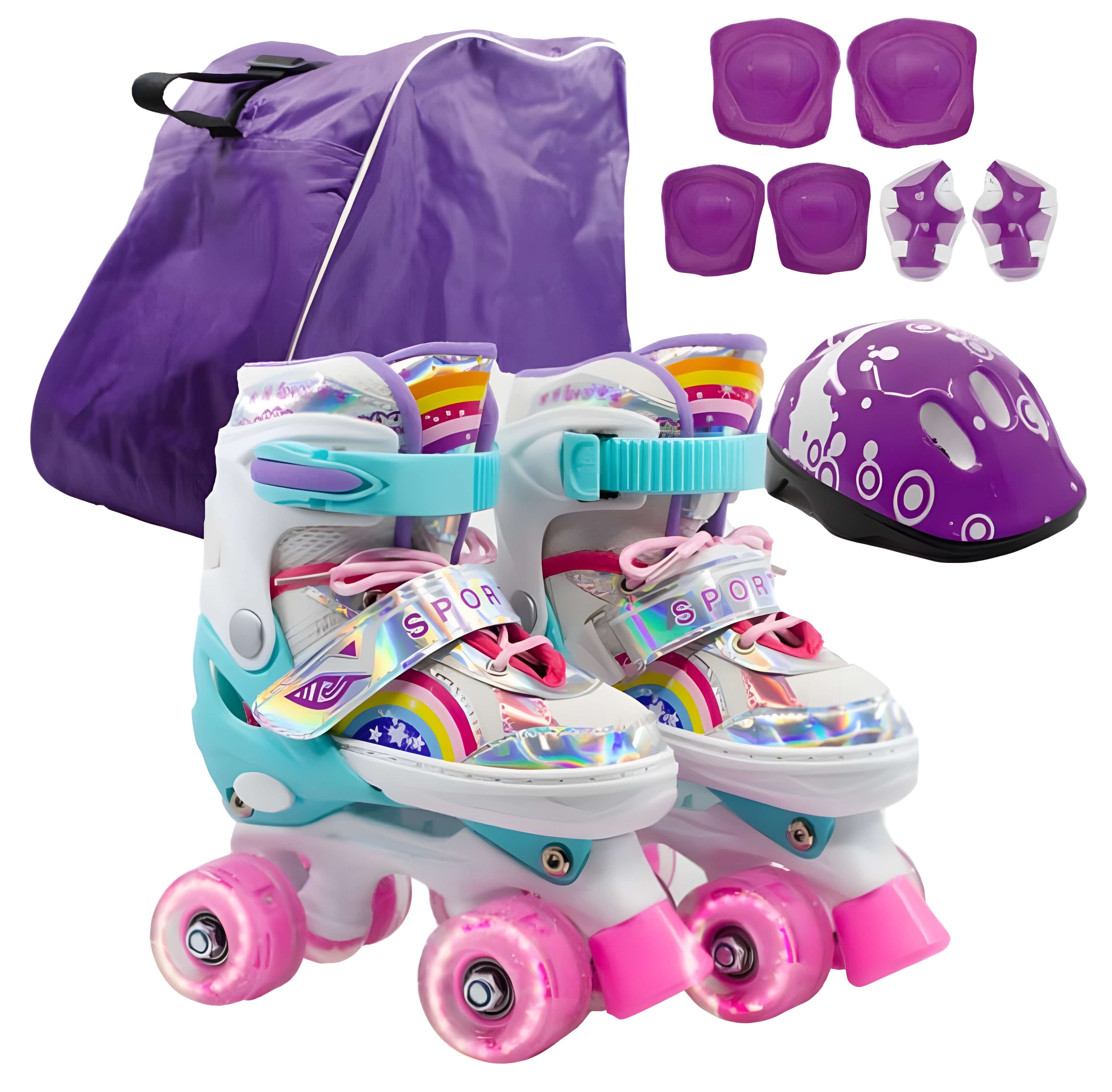 Combo Patines infantiles ajustable con luz y diseño de arcoíris, para niños y niñas