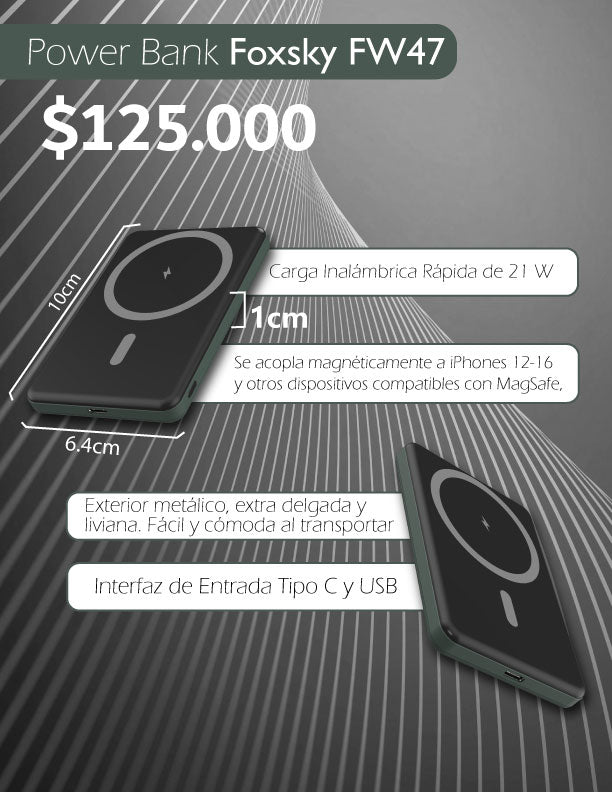 Batería  Ultradelgada,  Magnética en Aluminio De Carga Rápida Inalámbrica FOXSKY