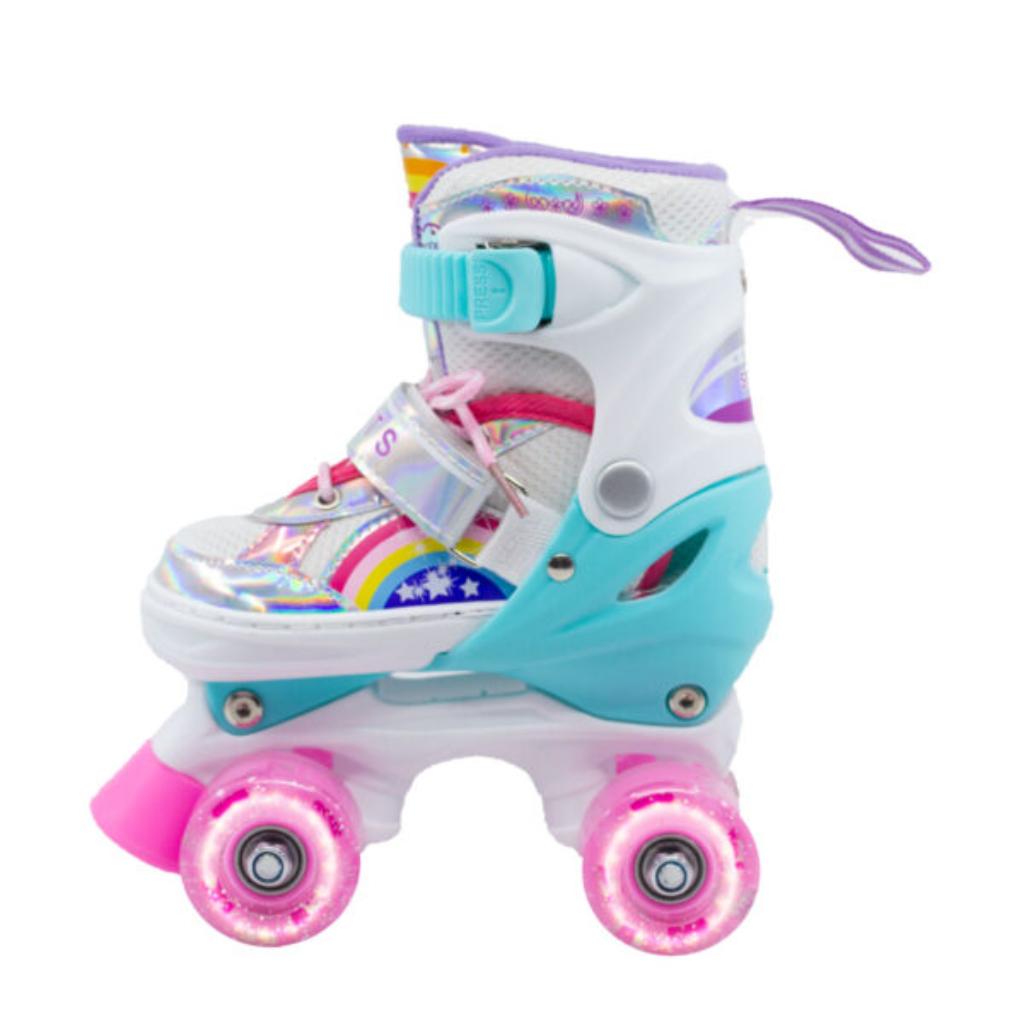 Combo Patines infantiles ajustable con luz y diseño de arcoíris, para niños y niñas