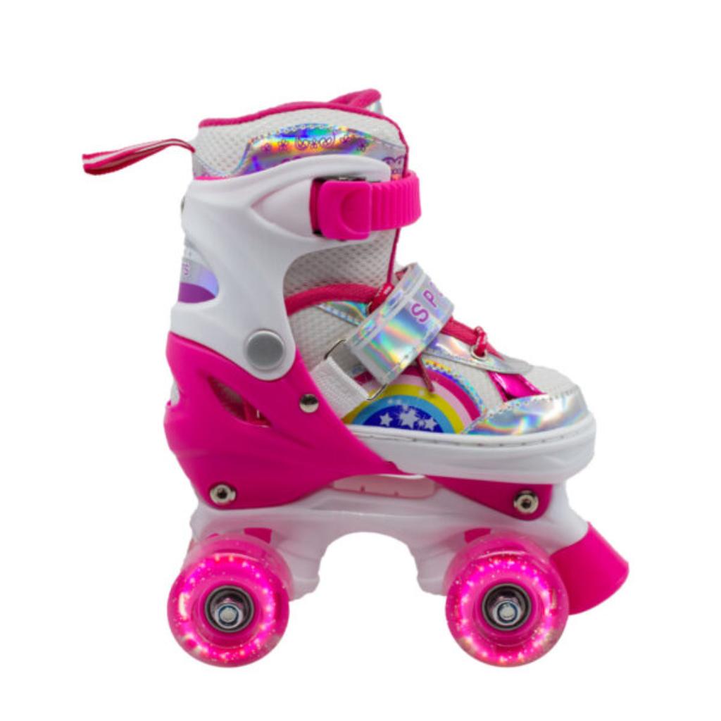 Combo Patines infantiles ajustable con luz y diseño de arcoíris, para niños y niñas