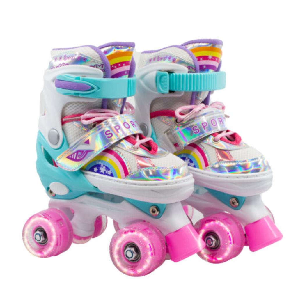 Combo Patines infantiles ajustable con luz y diseño de arcoíris, para niños y niñas