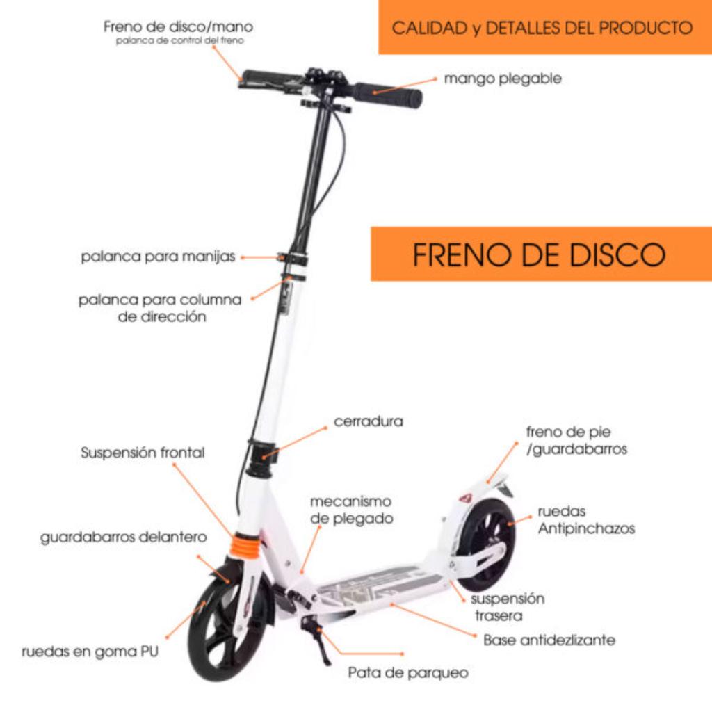 Patineta Urbana Mecánica con ruedas de 20cm, capacidad de 100 kilos y sistemas de suspensión dual, con freno de disco.