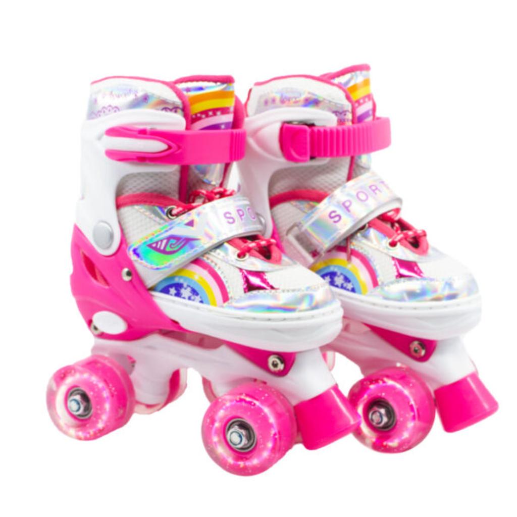 Combo Patines infantiles ajustable con luz y diseño de arcoíris, para niños y niñas