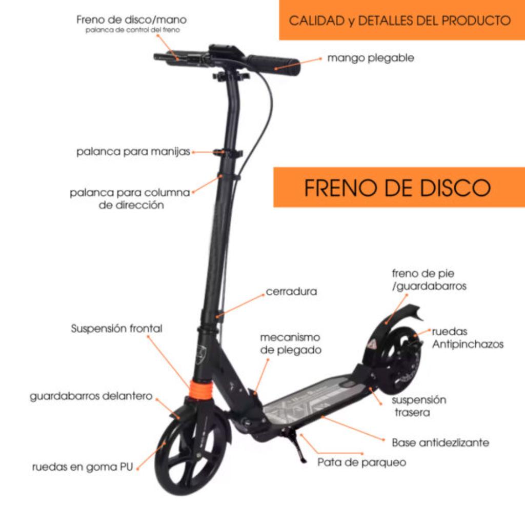 Patineta Urbana Mecánica con ruedas de 20cm, capacidad de 100 kilos y sistemas de suspensión dual, con freno de disco.