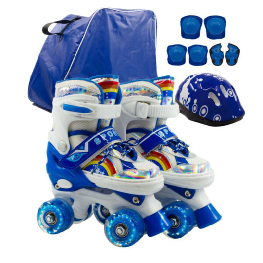 Combo Patines infantiles ajustable con luz y diseño de arcoíris, para niños y niñas